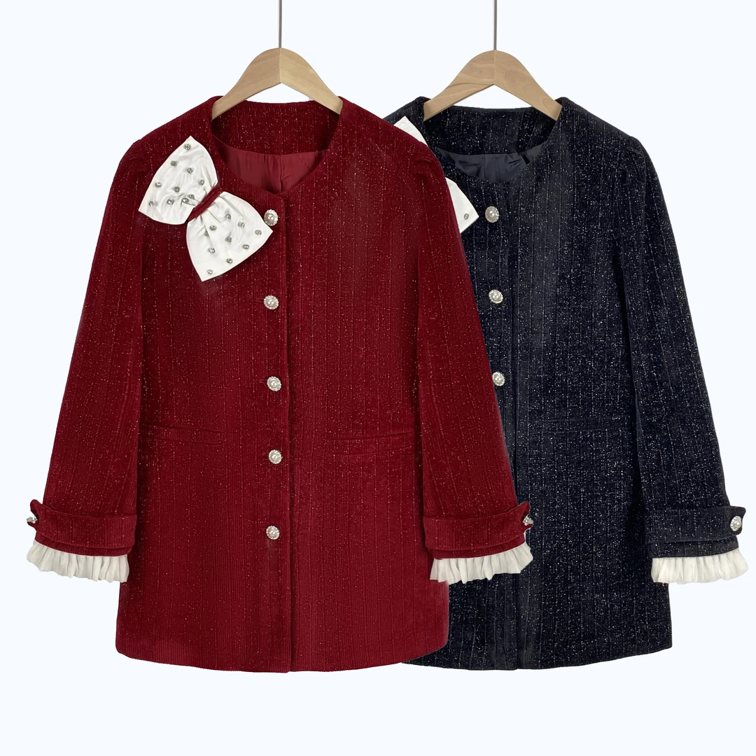 欧货蝴蝶结设计感小香风中长款毛呢外套女秋冬名媛风加厚大衣8111