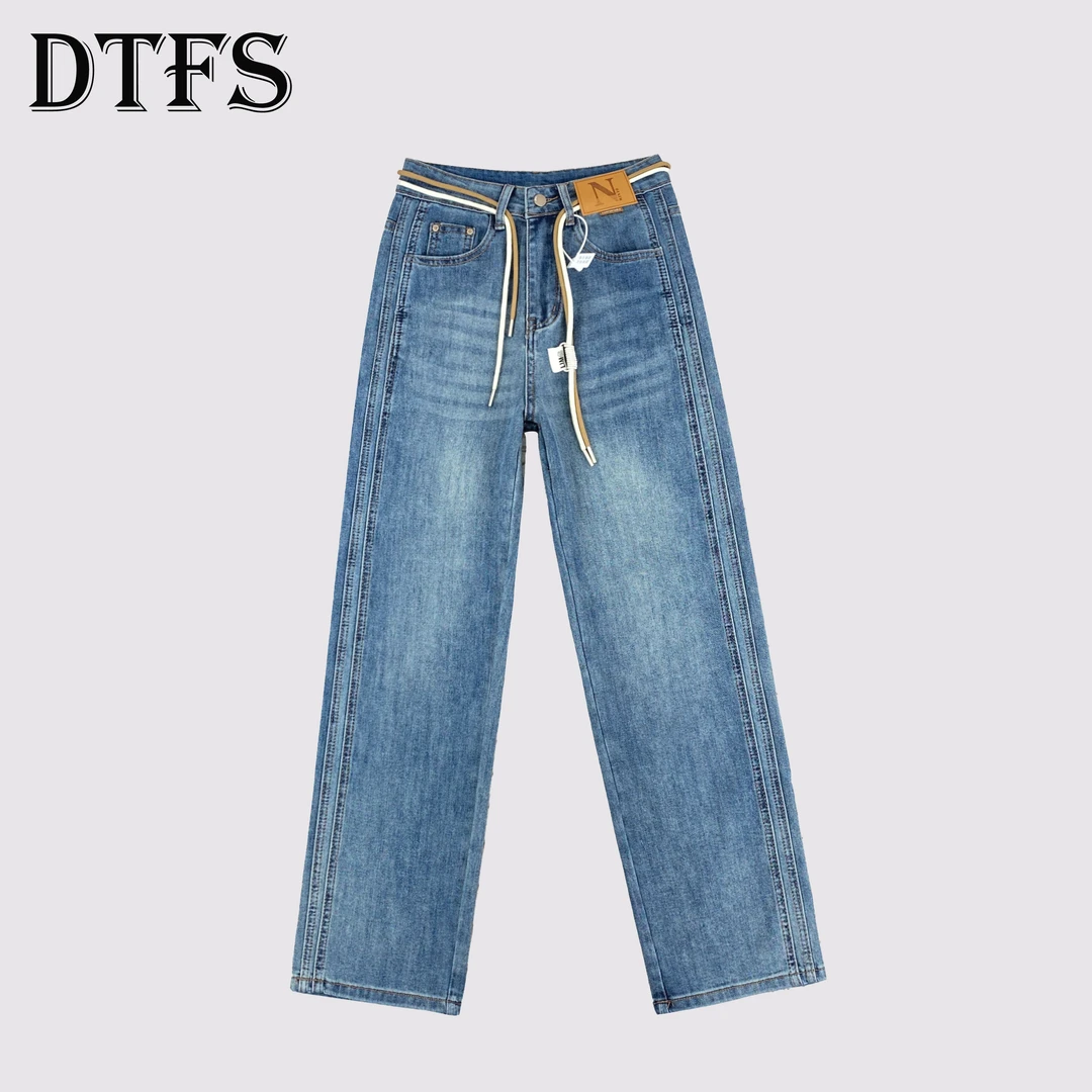 2024新款蓝色韩版设计感时尚百搭高腰抽绳显瘦直筒宽松牛仔裤9253