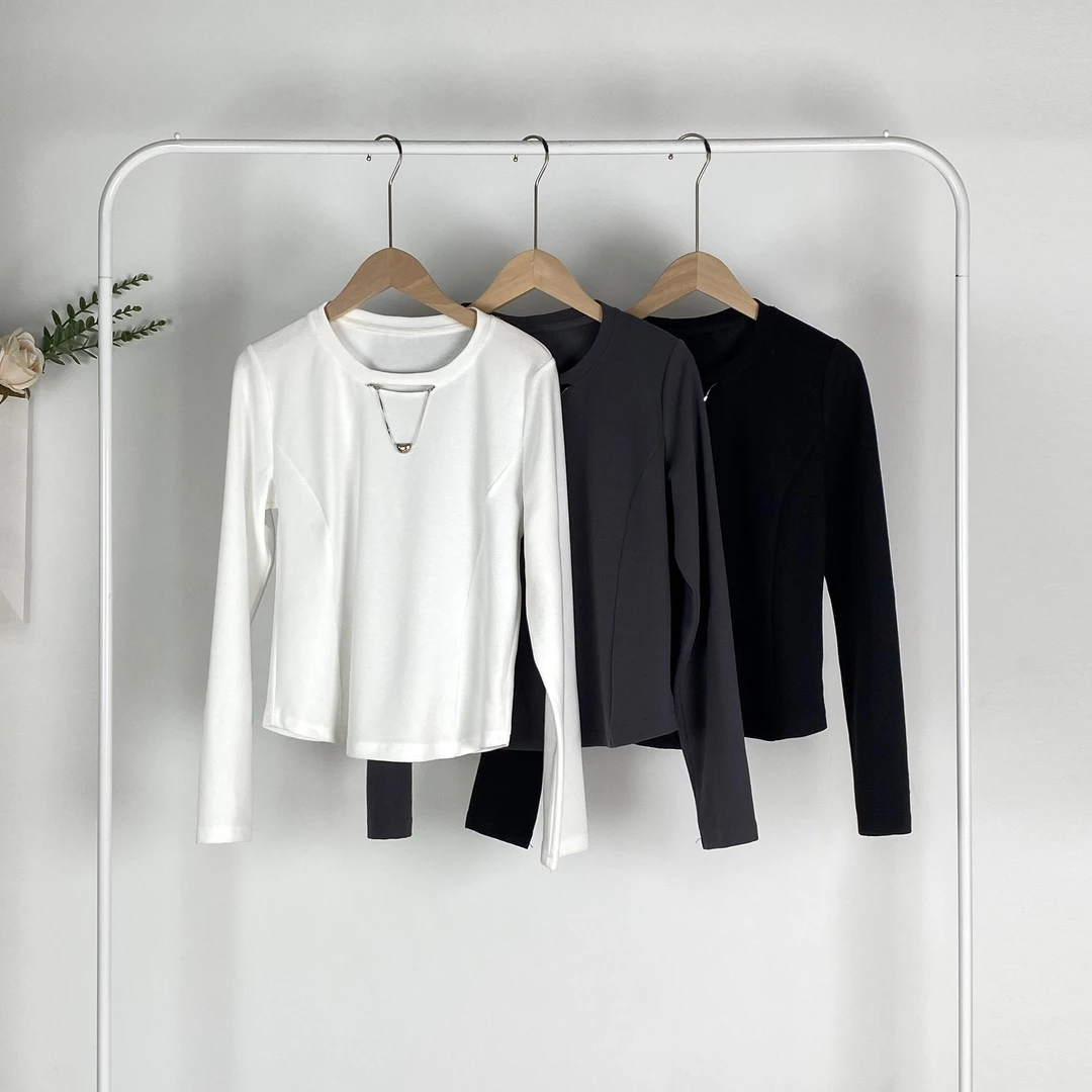 欧货设计感小众圆领镂空长袖T恤女秋爆款辣妹百搭气质打底衫66507