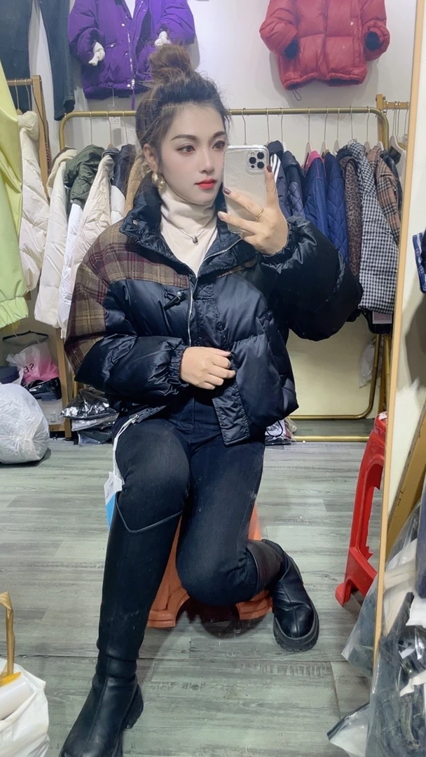 秋冬美式格子拼接立领短款棉服女加厚保暖百搭外套潮