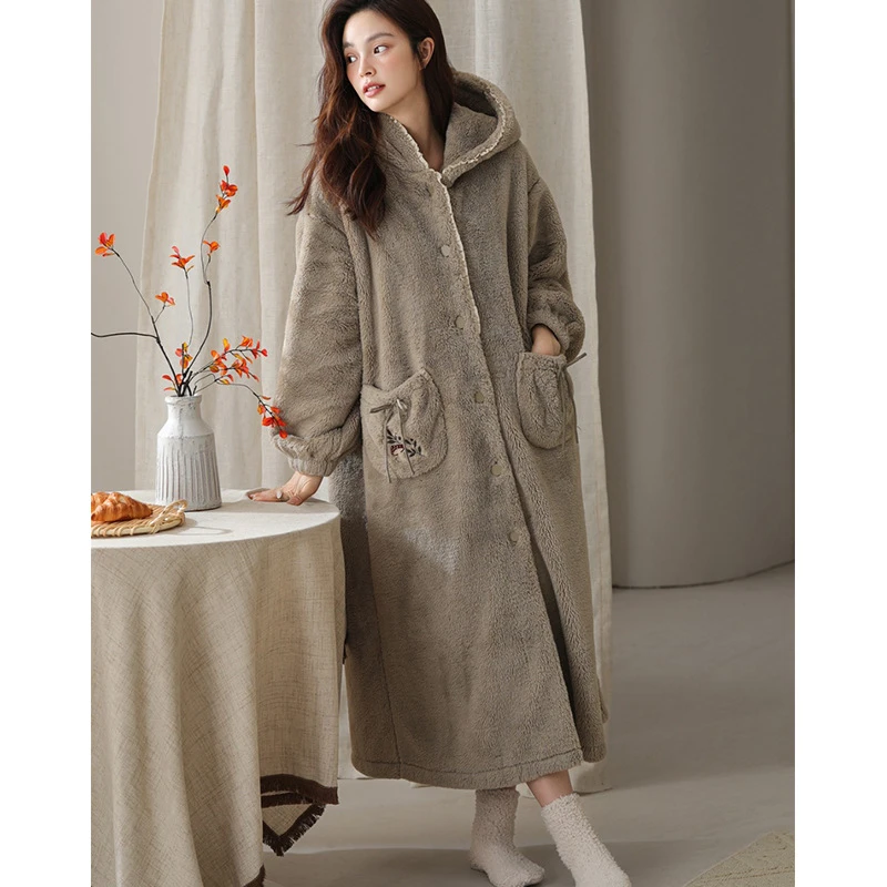 冬季新品韩系甜美花边软糯双面雪花绒连帽睡袍加厚保暖长袍家居服