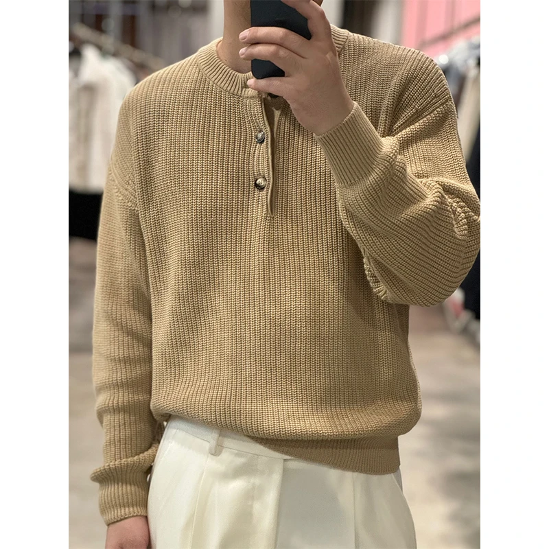 (风尚）13800版“意式静奢风 度假宽松 粗针纺 亨利领”长绒棉针织衫