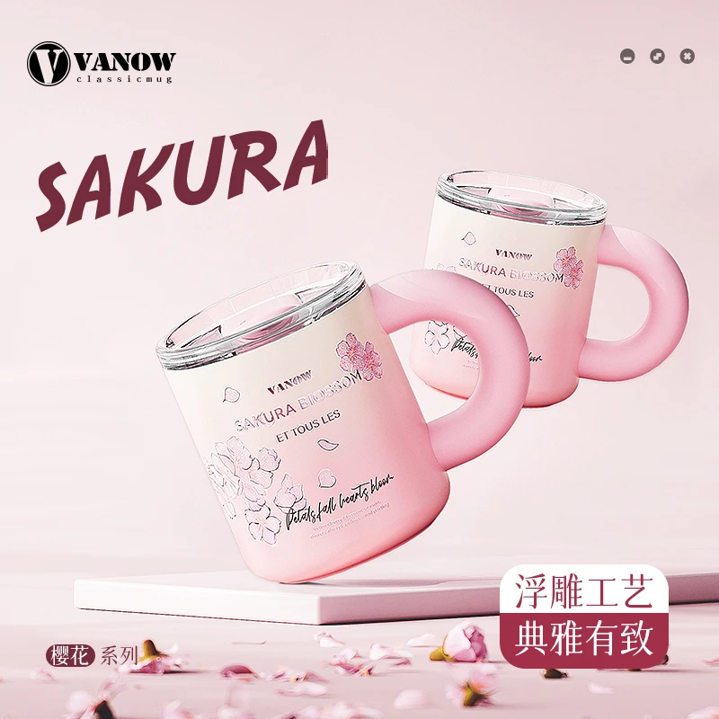 vanow可爱陶瓷内胆马克杯带盖保温水杯女生高颜值咖啡泡茶杯子