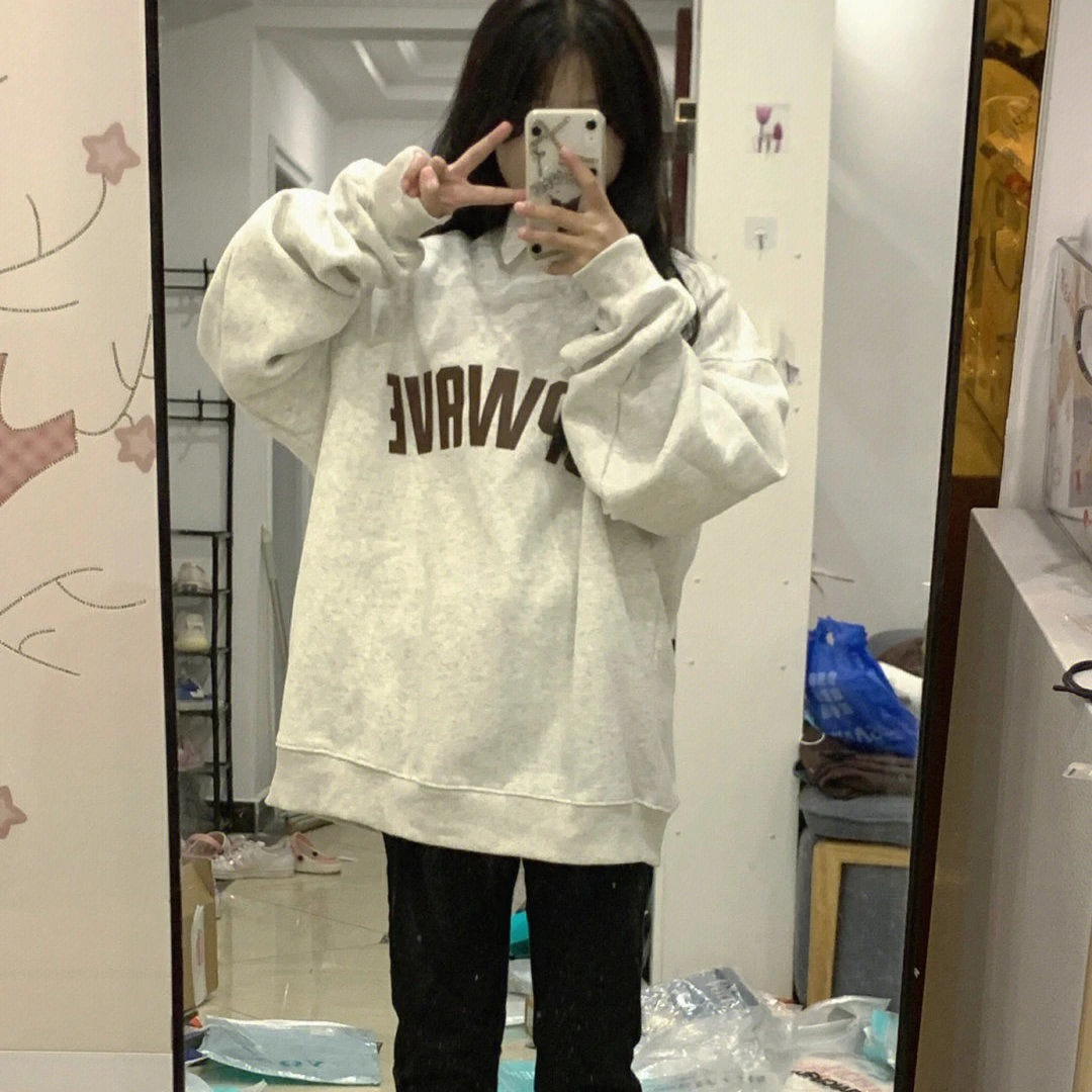 美式复古英文字母国潮牌圆领卫衣女春秋季加绒宽松百搭小个子外套