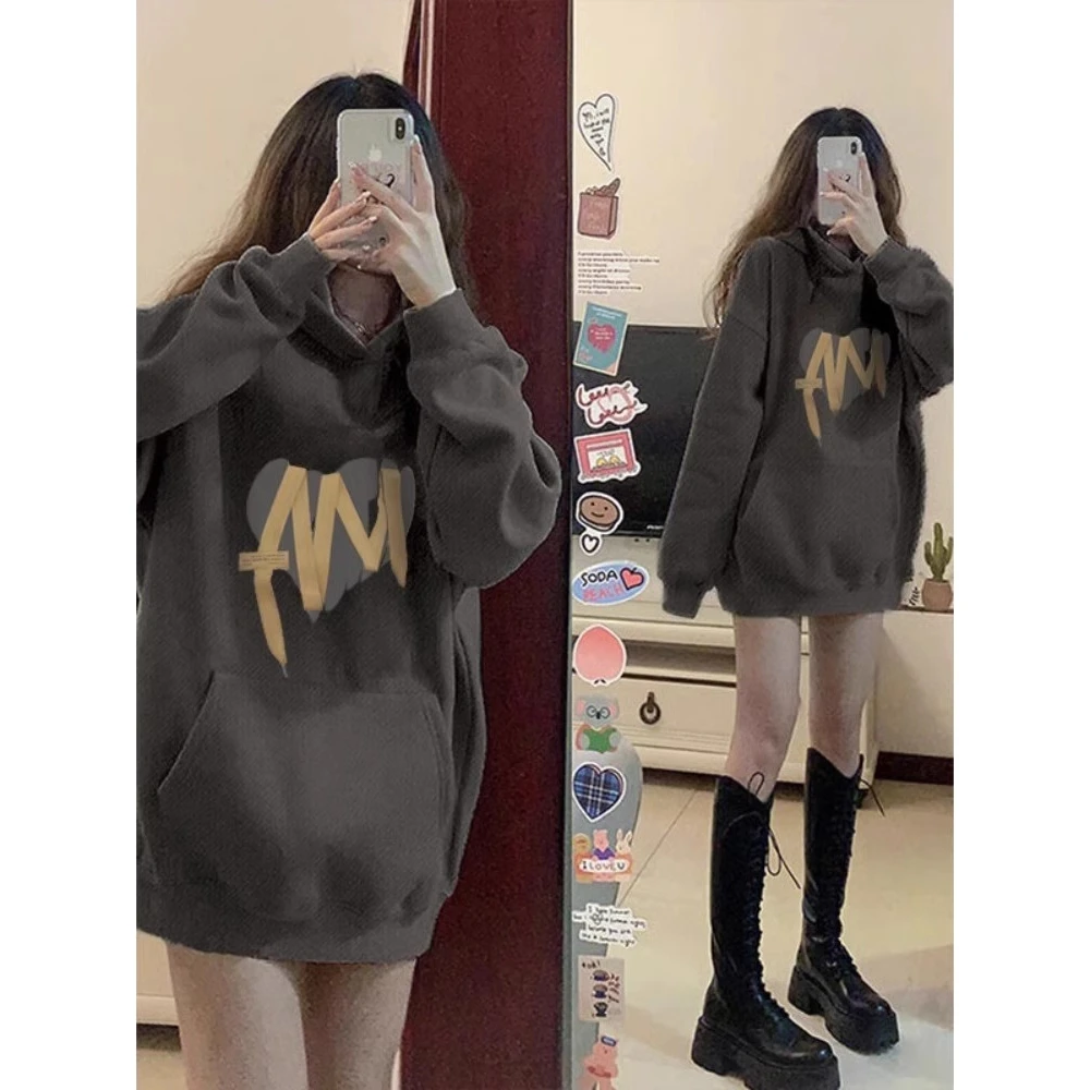 2024春秋冬新款灰色潮牌加绒加厚连帽卫衣女欧货大版宽松长款外套