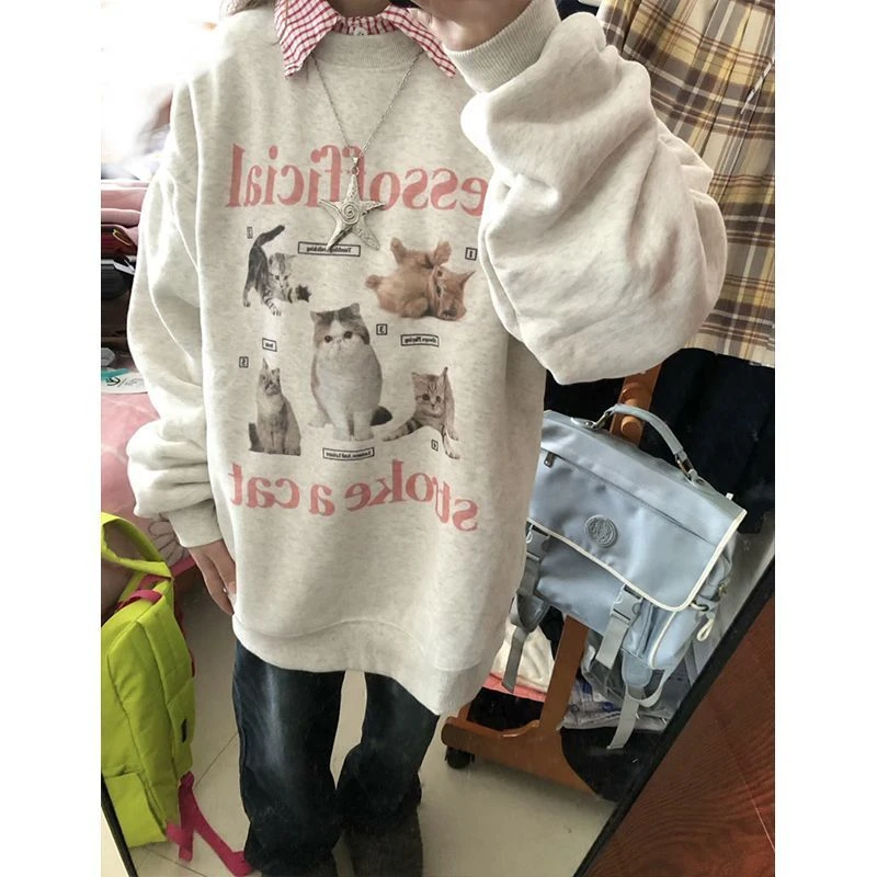 美式复古小个子圆领灰色卫衣女春秋oversize小众潮牌2024新款上衣