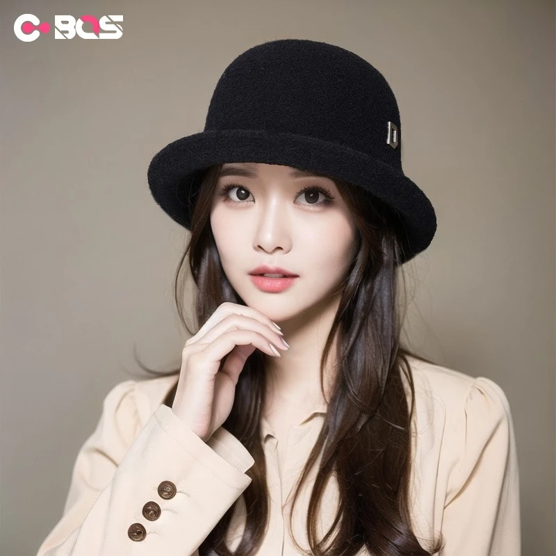 百搭英伦卷边圆顶小礼帽女秋冬款时尚大头围渔夫帽子女翻女士帽子