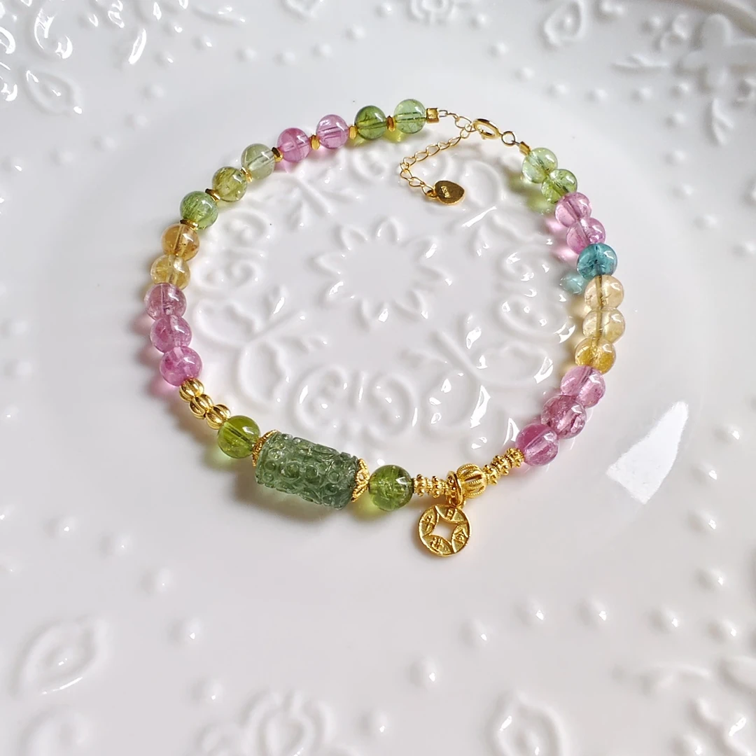 天然玻璃体回纹桶珠碧玺手串手链小众轻奢女款