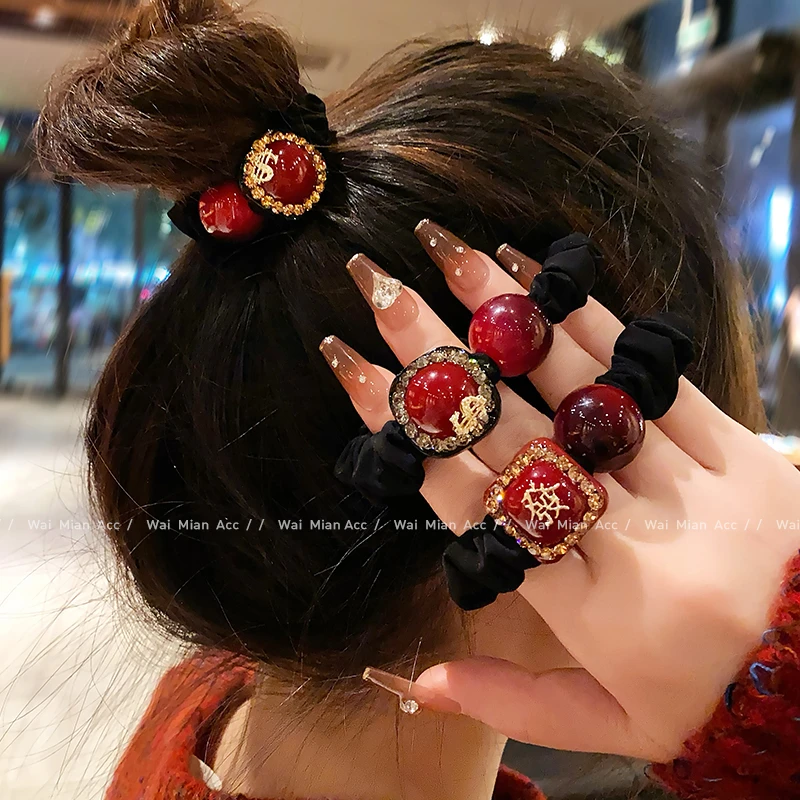 2025网红新年款發财方块发圈女百搭扎马尾丸子头皮筋本命年发饰