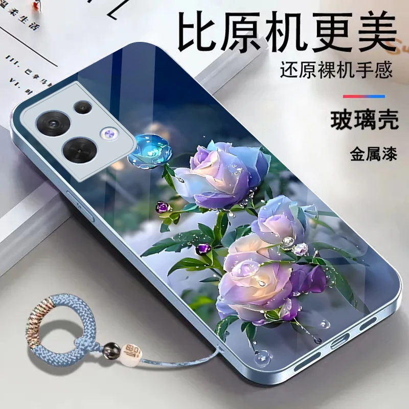 适用OPPOReno8金属漆玻璃花朵耐脏全包防摔挂绳手机壳