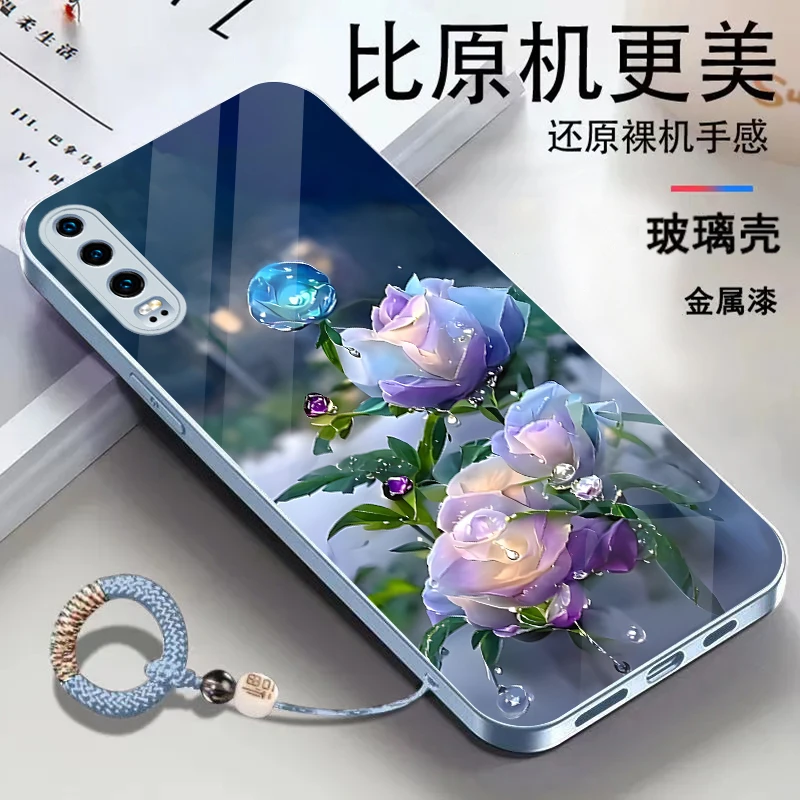 适用华为P30金属漆玻璃花朵耐脏全包防摔挂绳手机壳