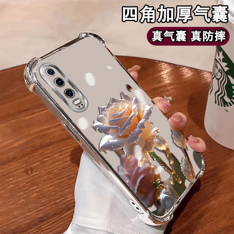 华为P30水晶玫瑰创意女手机壳保护套四角防摔电镀壳