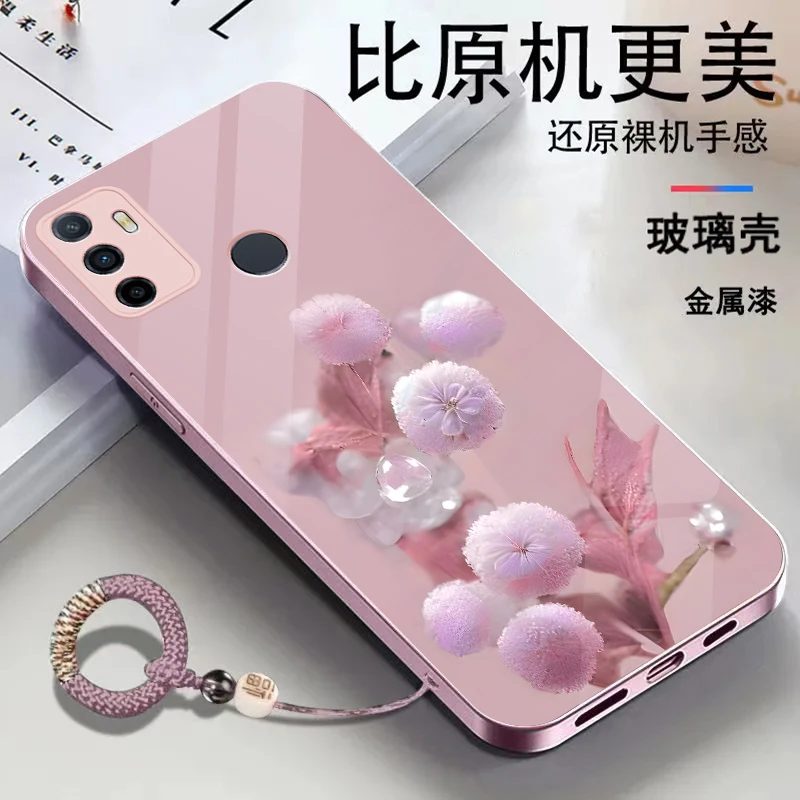 适用OPPOA32金属漆玻璃花朵耐脏全包防摔挂绳手机壳