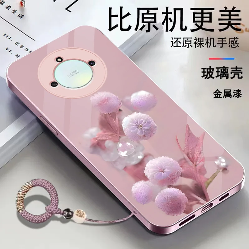 适用荣耀X40金属漆玻璃花朵耐脏全包防摔挂绳手机壳