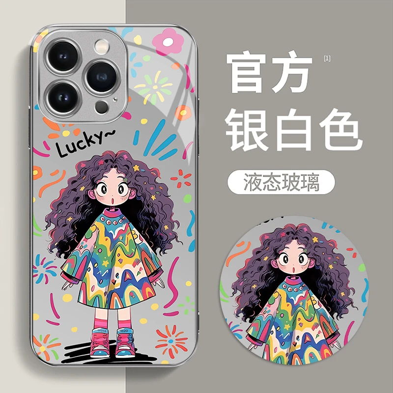 适用苹果13Pro新款可爱涂鸦女孩个性防摔电镀玻璃镜头全包手机壳