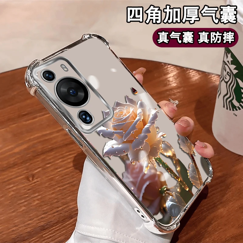 华为P60Pro水晶玫瑰创意女手机壳保护套四角防摔电镀壳