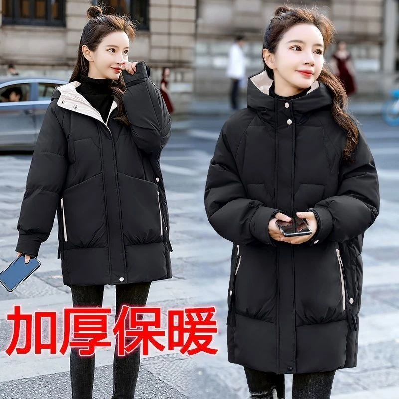 连帽棉服女中长2023冬装新款棉衣加厚款韩版宽松棉衣面包服外套潮