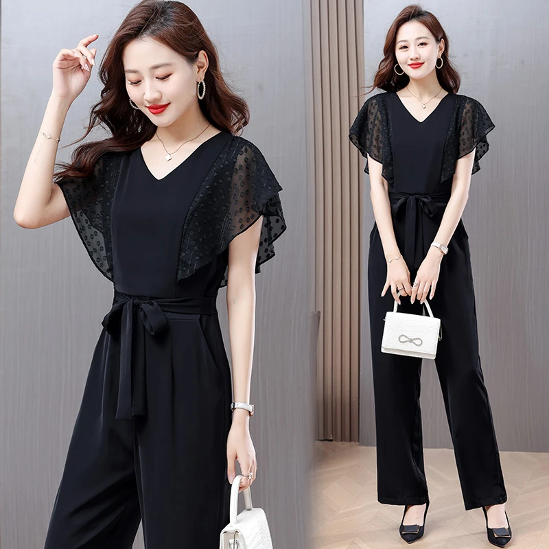 秒变大长腿连体裤子洋气夏季新款简约气质雪纺拼接轻薄百搭连体裤