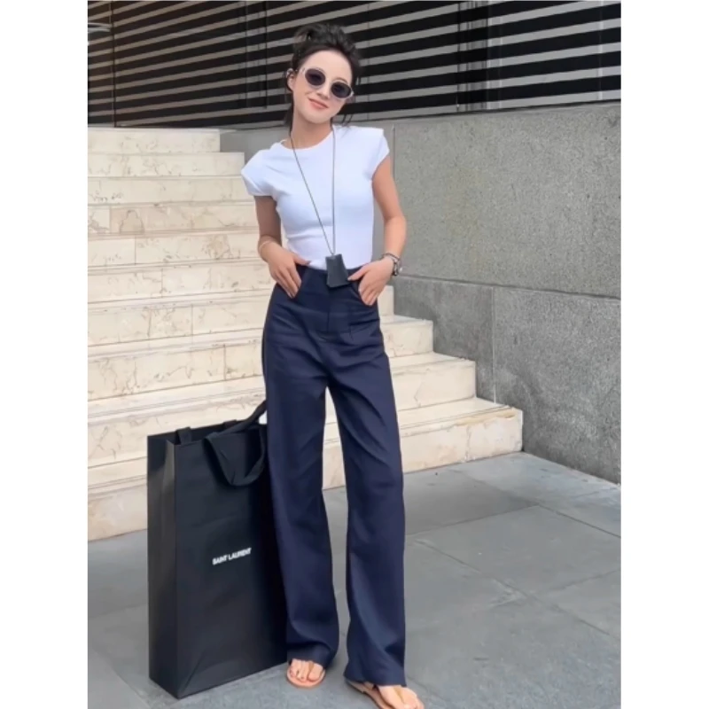 高腰显瘦棉麻休闲裤女2025早秋新款复古宽松薄款垂感拖地直筒长裤