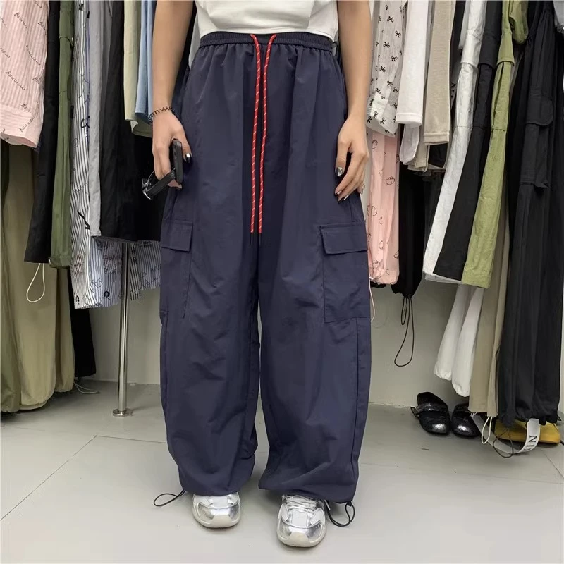 夏季户外薄款运动速干工装裤女韩系糖果色抽绳松紧直筒束脚休闲裤
