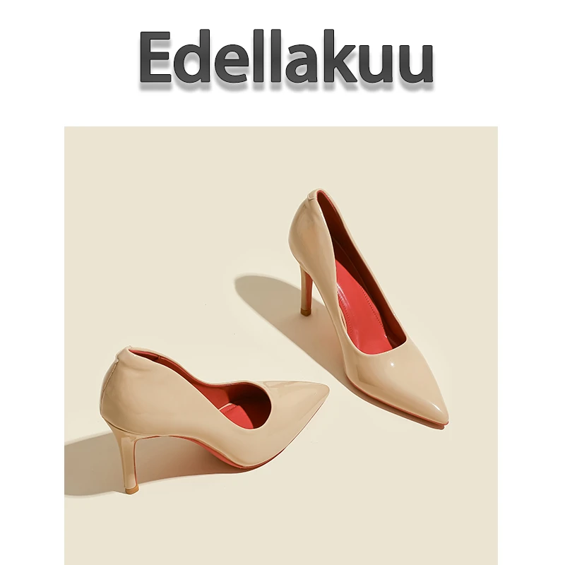 Edellakuu●裸色高跟鞋女细跟红底尖头浅口气质贵妇侧空漆皮单鞋女