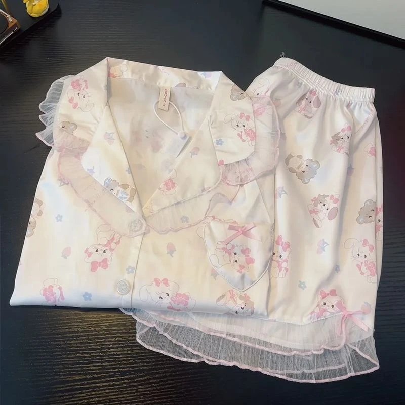 日系可爱mikko睡衣女夏季冰丝薄款短袖短裤甜美少女家居服两件套