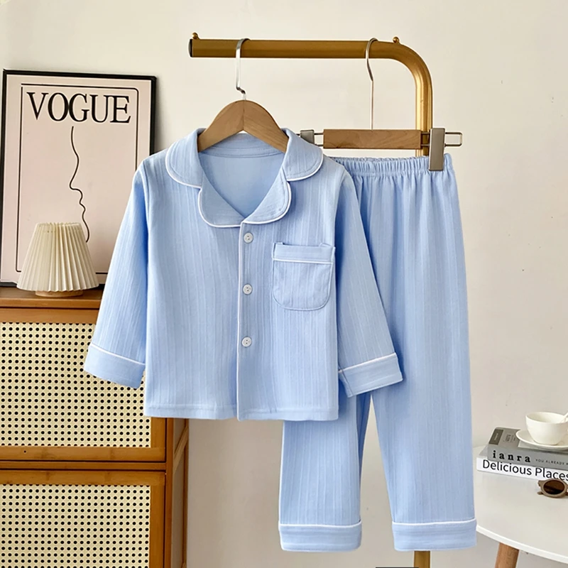 春秋儿童100%纯棉a类家居服套装长袖长裤男童女卡通翻领睡衣睡裤