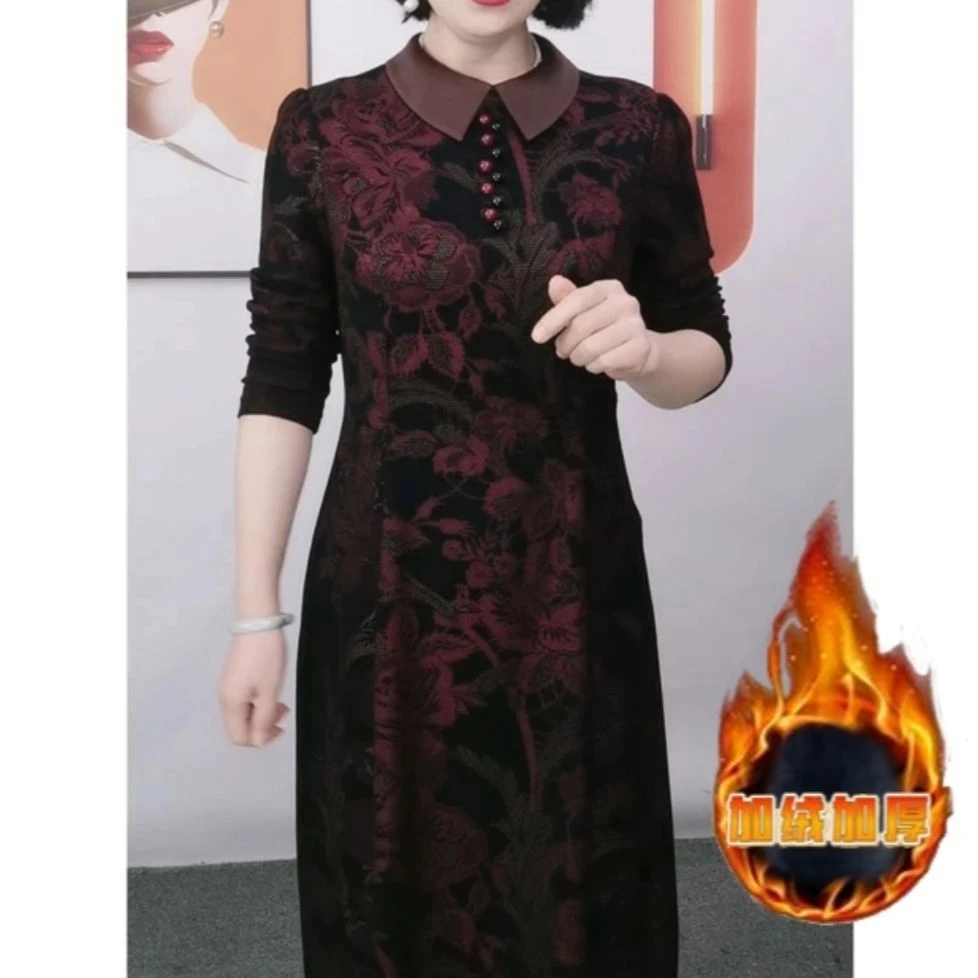 洋气减龄秋冬加厚收腰长袖娃娃领连衣裙弹力修身显瘦加绒保暖长裙
