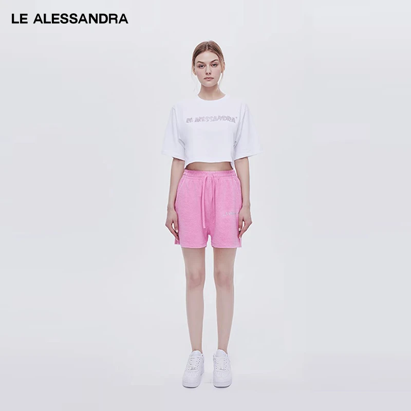 品牌直营 LE ALESSANDRA 百搭镶钻装饰logo短袖T恤女短款上衣春夏