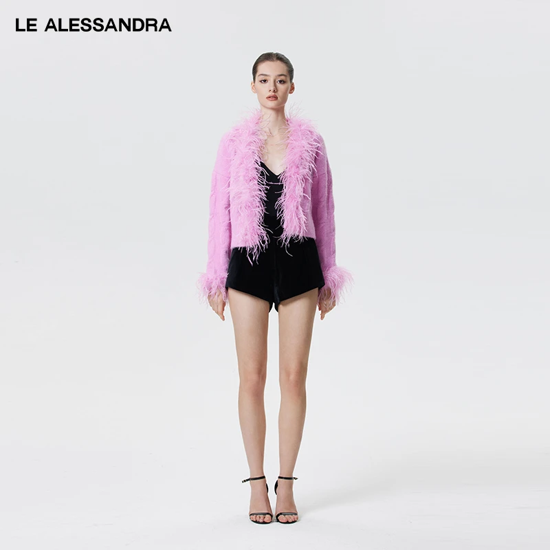 品牌直营 LE ALESSANDRA 粉色羊驼毛钻饰毛衣短款开衫外套女秋冬