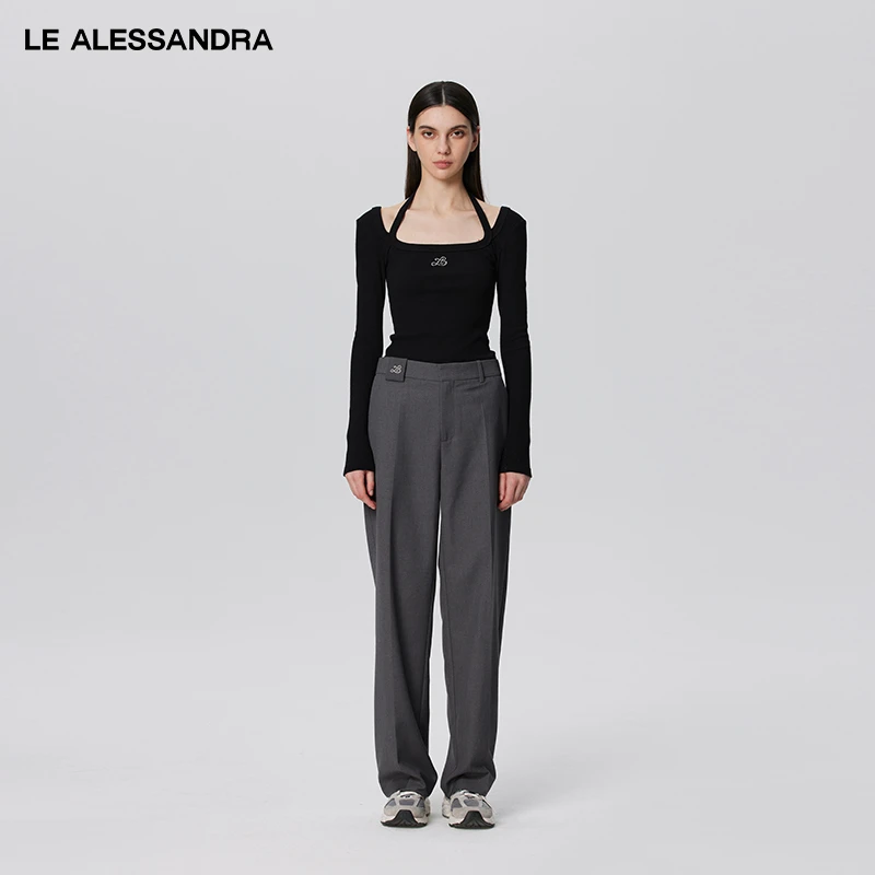 品牌直营 LE ALESSANDRA黑色挂脖方领长袖羊毛螺纹棉打底修身上衣