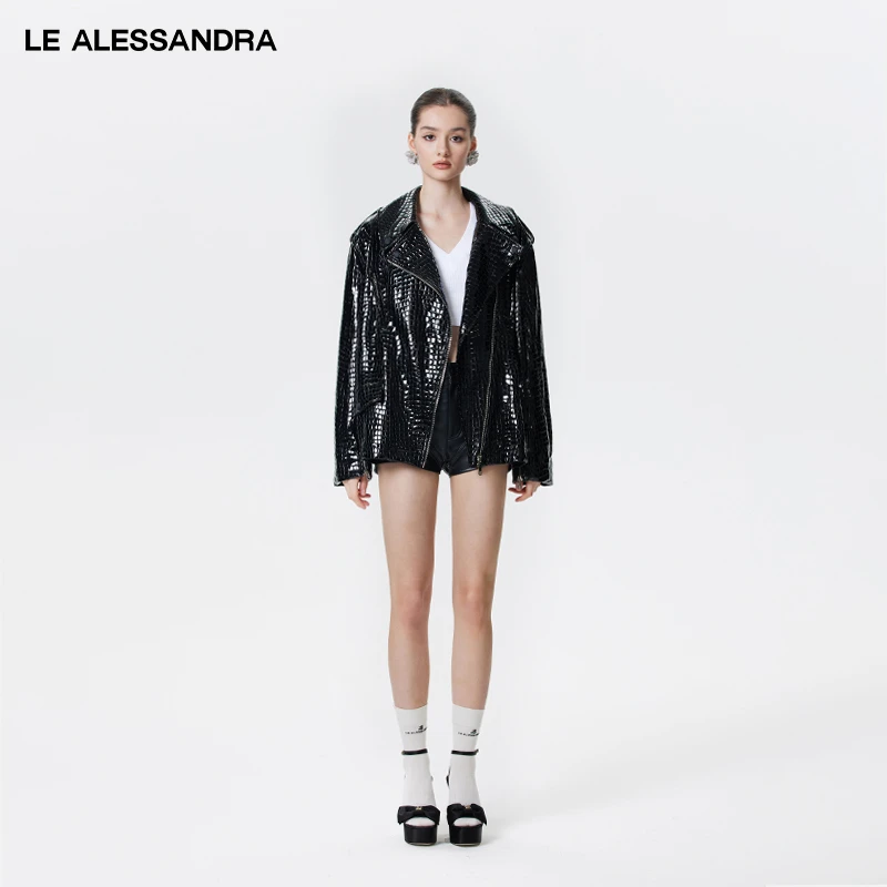 品牌直营 LE ALESSANDRA 黑色鳄鱼中长款亮面真皮机车皮衣外套女