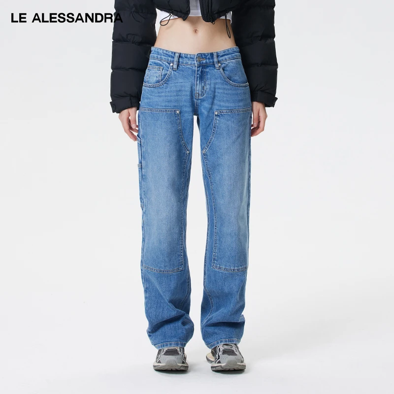 品牌直营 LE ALESSANDRA 蓝色工装拼接设计中低腰棉质牛仔裤