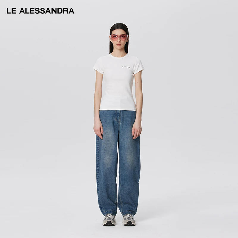品牌直营 LE ALESSANDRA 女士白色字母LOGO经典罗纹短袖圆领修身T