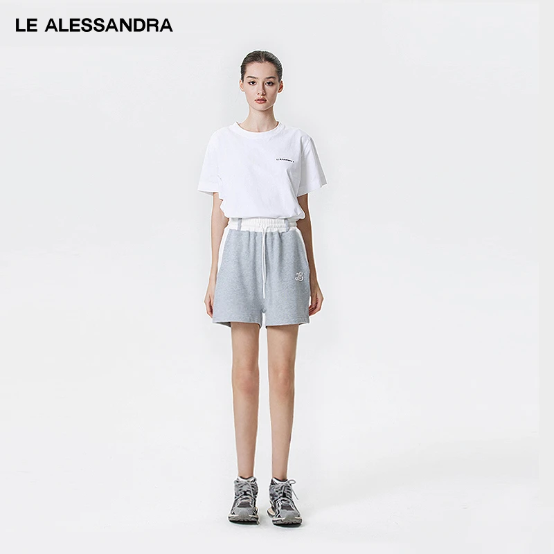 品牌直营 LE ALESSANDRA 灰白拼色棉舒适针织运动短裤女夏季