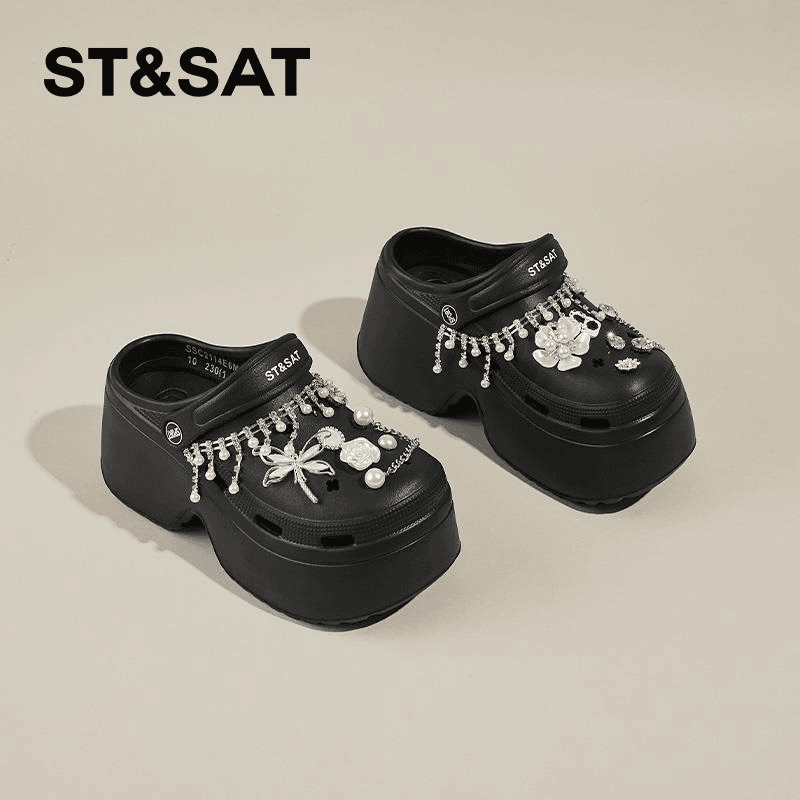 星期六洞洞鞋女夏季增高百搭包头凉鞋2024新款厚底休闲沙滩半拖鞋