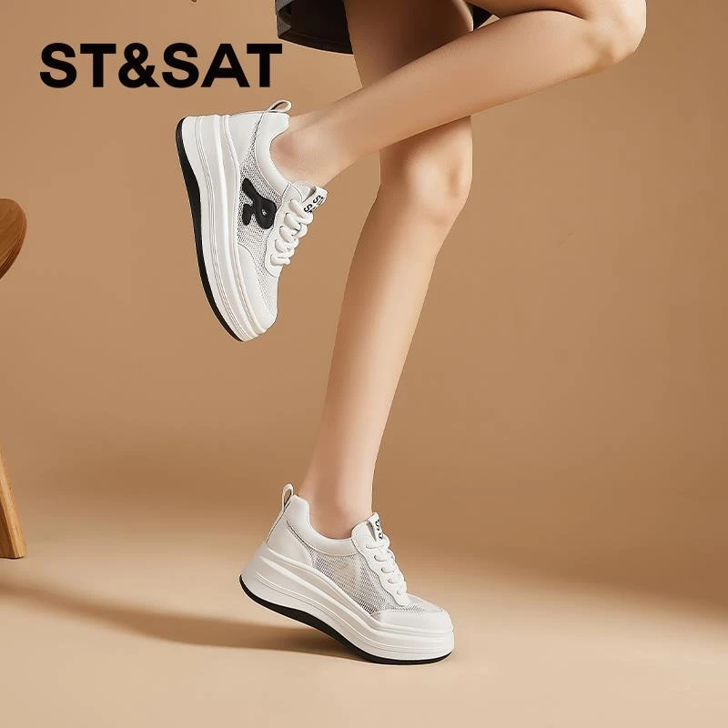 星期六厚底小白鞋女夏季新款女鞋内增高6cm网面百搭透气休闲板鞋