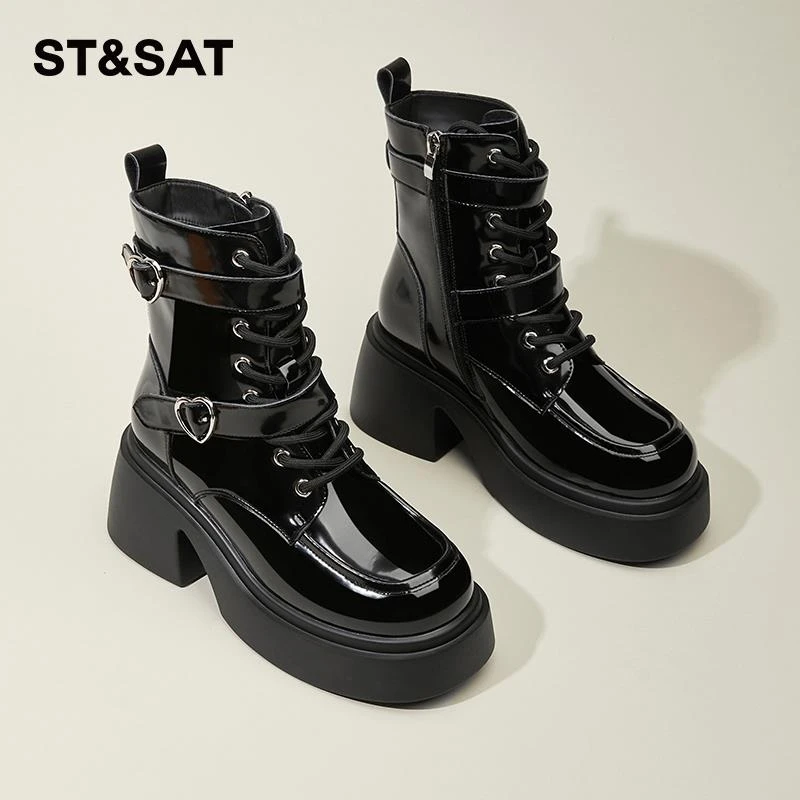 星期六粗跟马丁靴女防水台漆皮秋冬2025新款冬季皮鞋中筒加绒靴子
