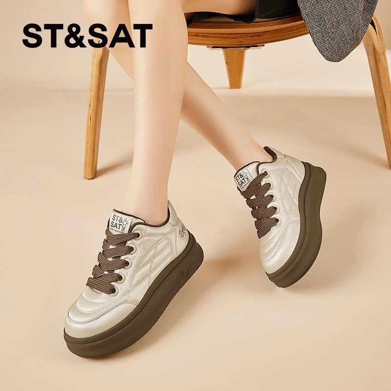 星期六真皮厚底板鞋女鞋2024新款秋冬简约加绒保暖棉鞋休闲运动鞋