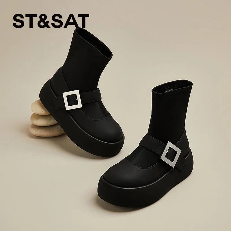星期六松糕厚底弹力袜子靴女乐福袜靴2024新款春秋单靴瘦瘦靴短靴