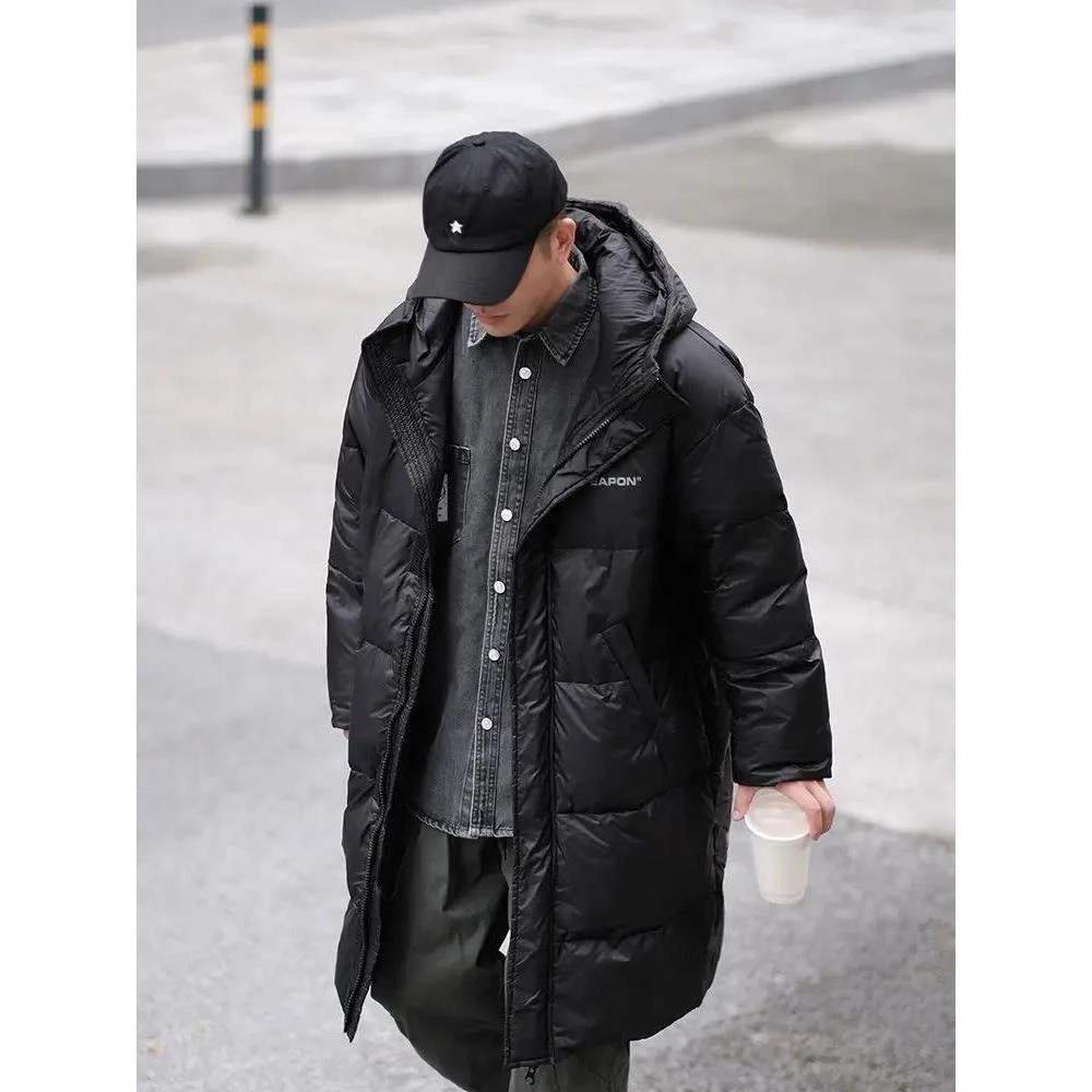 秋冬冬季男士中长款羽绒服男冬装黑色连帽加厚保暖羽绒服情侣款外