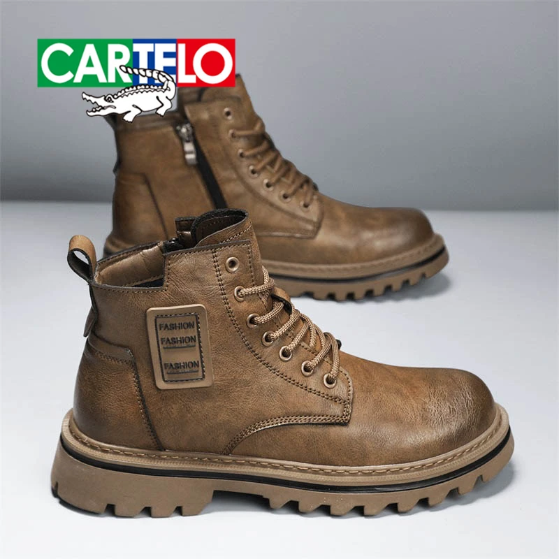CARTELO/卡帝乐鳄鱼冬季马丁靴男高帮皮靴男款厚底防滑复古工装靴