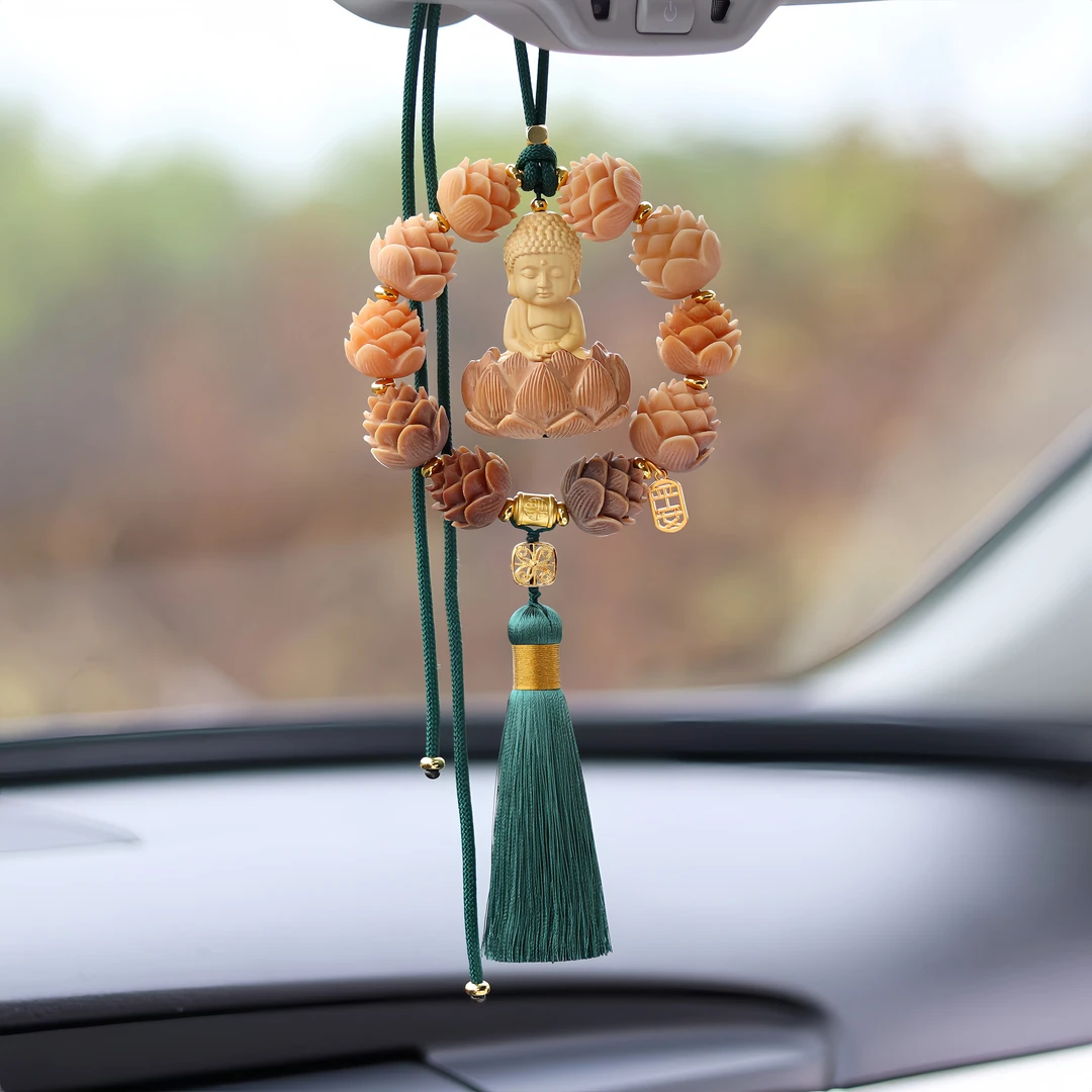 新款高咖色车挂件 风化莲花实木圆满小佛款后视镜车载内饰品