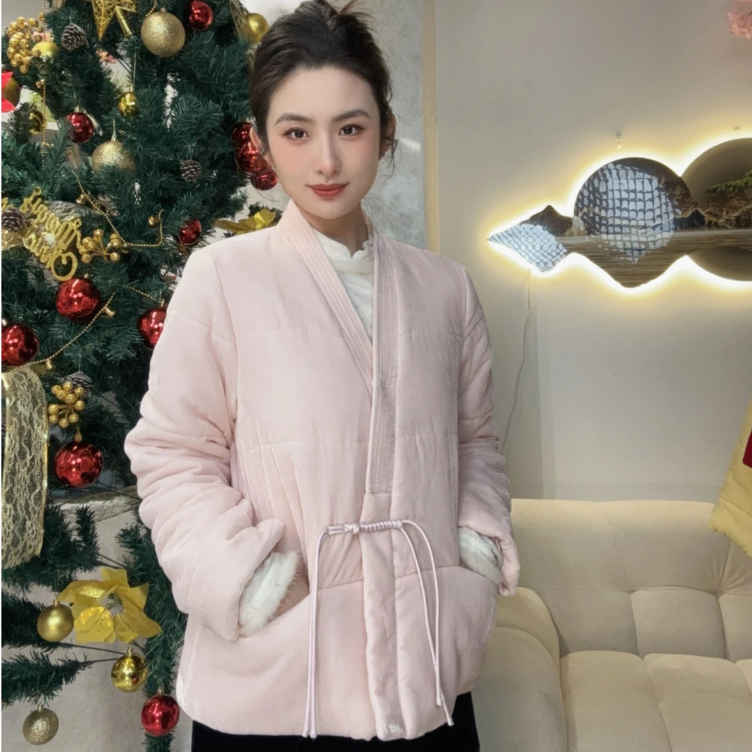 【飞哥女装】樱花粉V领桑蚕丝丝绒轻奢保暖棉服中式时尚外套218067