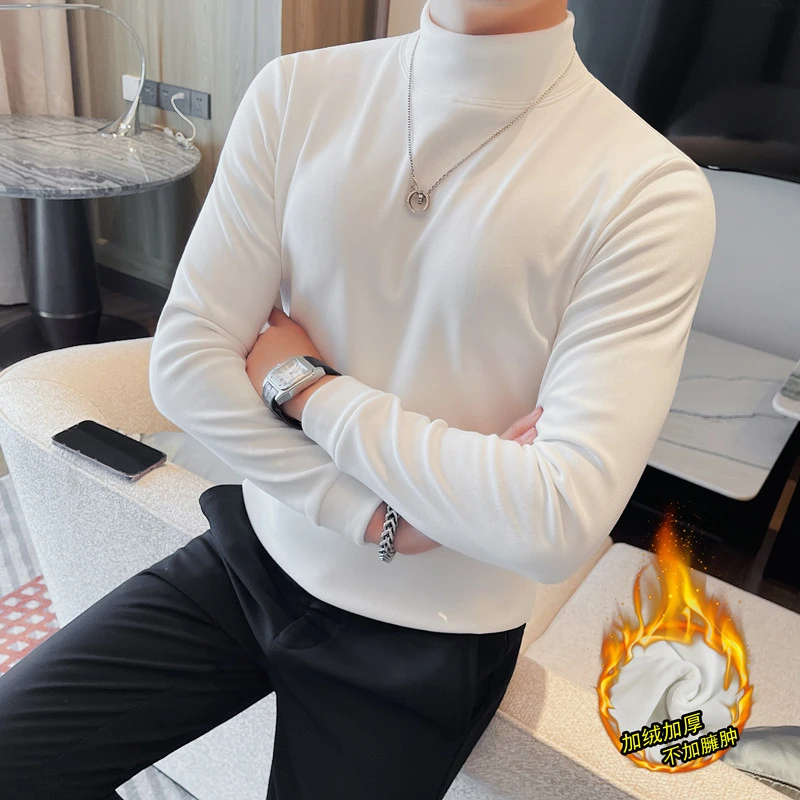 加绒加厚白色t恤男长袖秋冬季半高领紧身打底衫韩版修身中领体恤