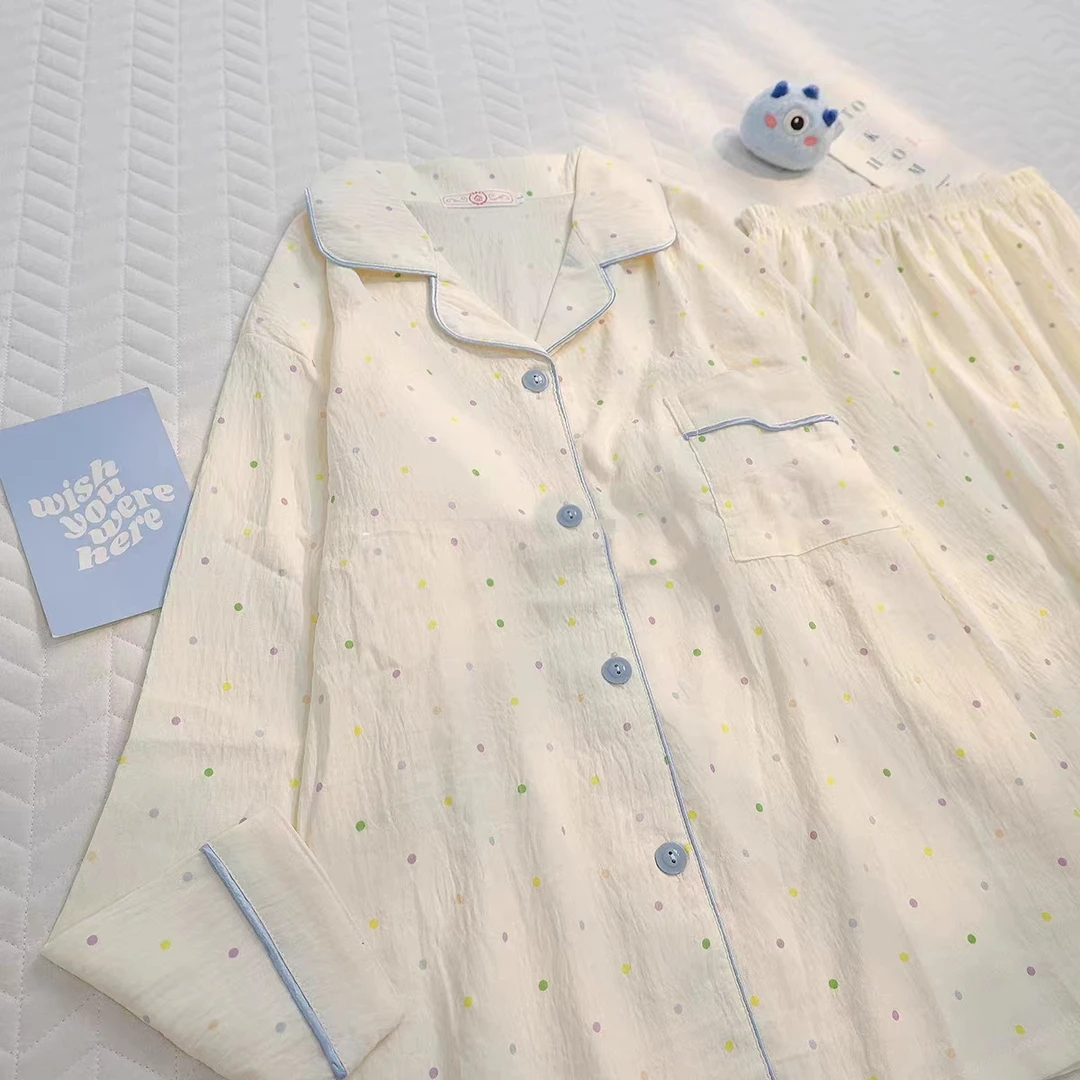 【长袖长裤】彩色波波2024秋季新品长袖奶杏色睡衣家居服套装