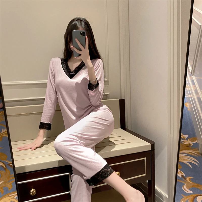 简约V领蕾丝花边带胸垫长袖长裤莫代尔睡衣女春秋季可外穿家居服