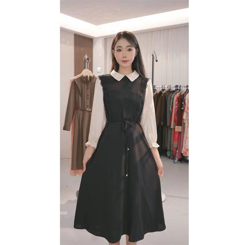 L096  时尚高档假两件拼接连衣裙秋季新款显瘦气质收腰中长款