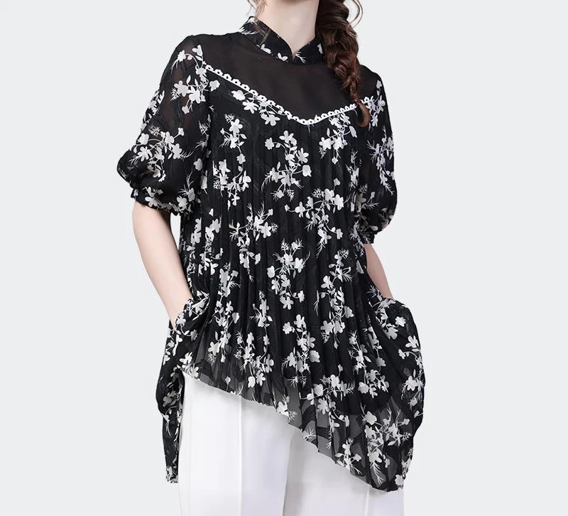 短袖宽松不规则雪纺衫上衣女收腰洋气打底衫衬衫SD23651