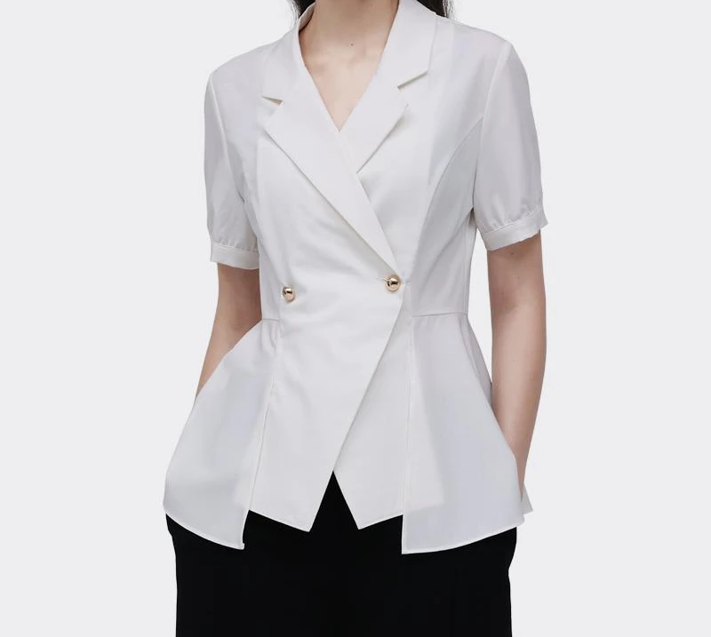 设计感西装领不规则衬衫短袖新款显瘦上衣别致职业衬衣SD23837